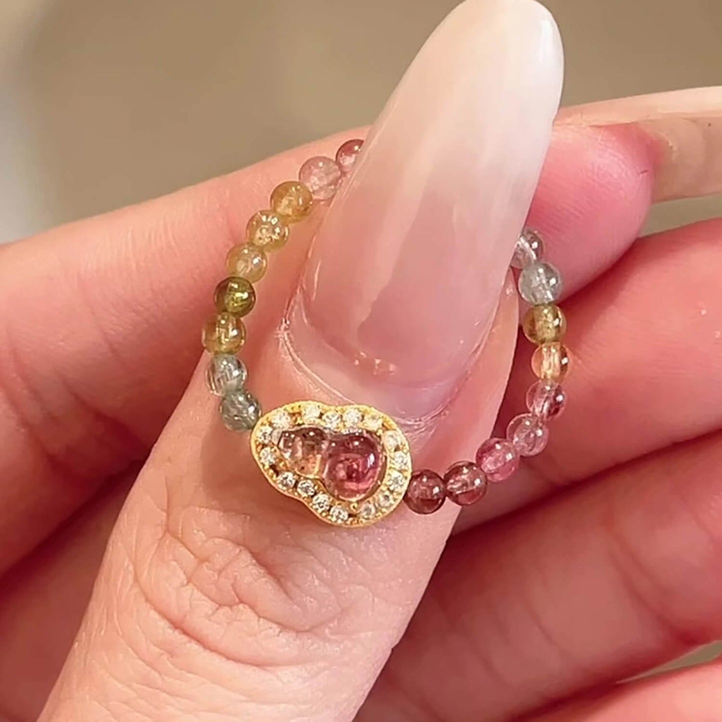 Luck Rising Natural Tourmaline Gourd Ring – Adjustable Elastic Band Crystal Ring for Women – Small-Batch Handmade Gold-Plated Jewelry