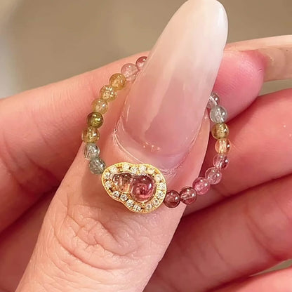 Luck Rising Natural Tourmaline Gourd Ring – Adjustable Elastic Band Crystal Ring for Women – Small-Batch Handmade Gold-Plated Jewelry