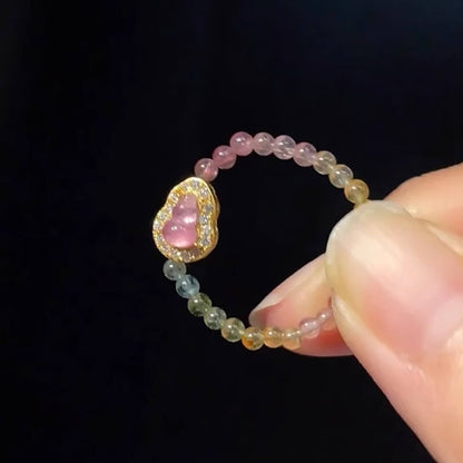 Luck Rising Natural Tourmaline Gourd Ring – Adjustable Elastic Band Crystal Ring for Women – Small-Batch Handmade Gold-Plated Jewelry