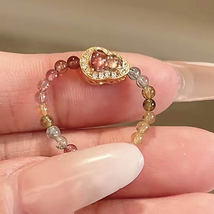 Luck Rising Natural Tourmaline Gourd Ring – Adjustable Elastic Band Crystal Ring for Women – Small-Batch Handmade Gold-Plated Jewelry