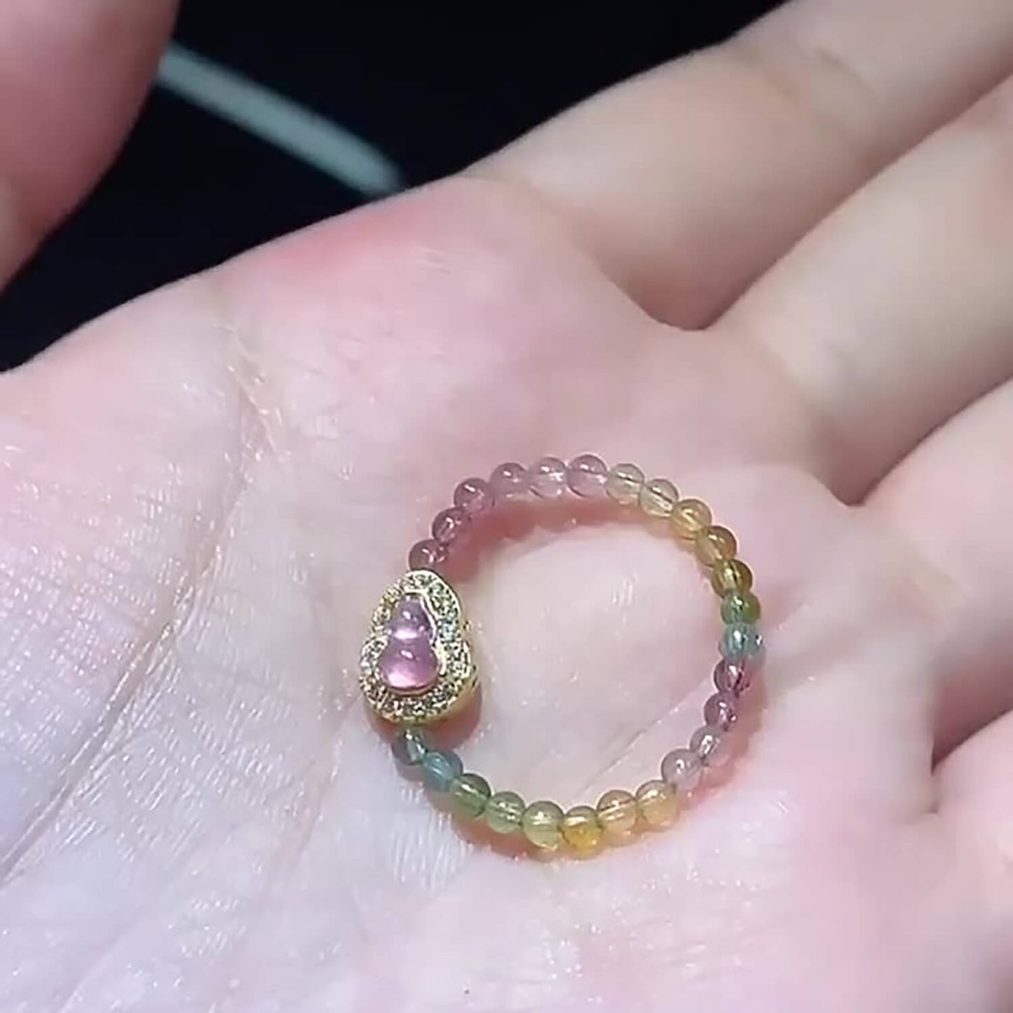 Luck Rising Natural Tourmaline Gourd Ring – Adjustable Elastic Band Crystal Ring for Women – Small-Batch Handmade Gold-Plated Jewelry