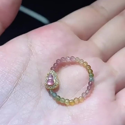 Luck Rising Natural Tourmaline Gourd Ring – Adjustable Elastic Band Crystal Ring for Women – Small-Batch Handmade Gold-Plated Jewelry