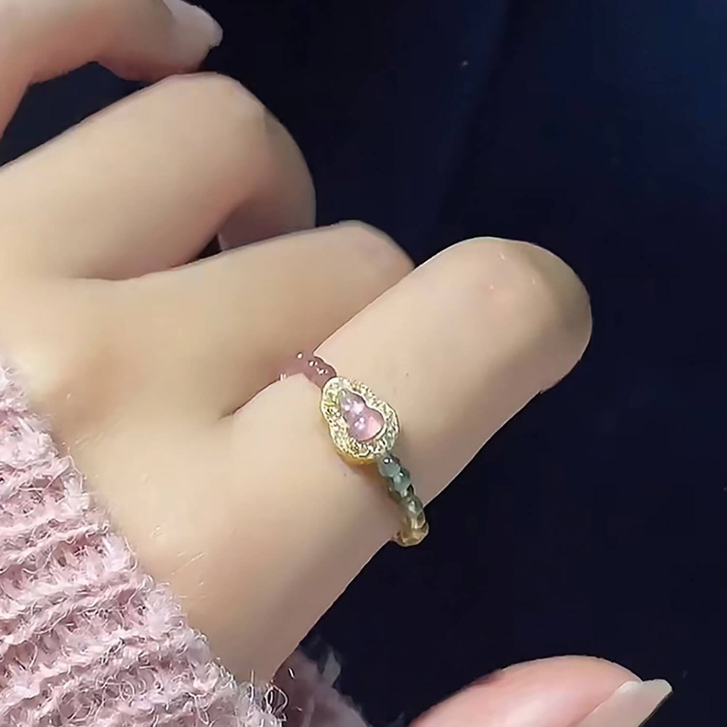 Luck Rising Natural Tourmaline Gourd Ring – Adjustable Elastic Band Crystal Ring for Women – Small-Batch Handmade Gold-Plated Jewelry