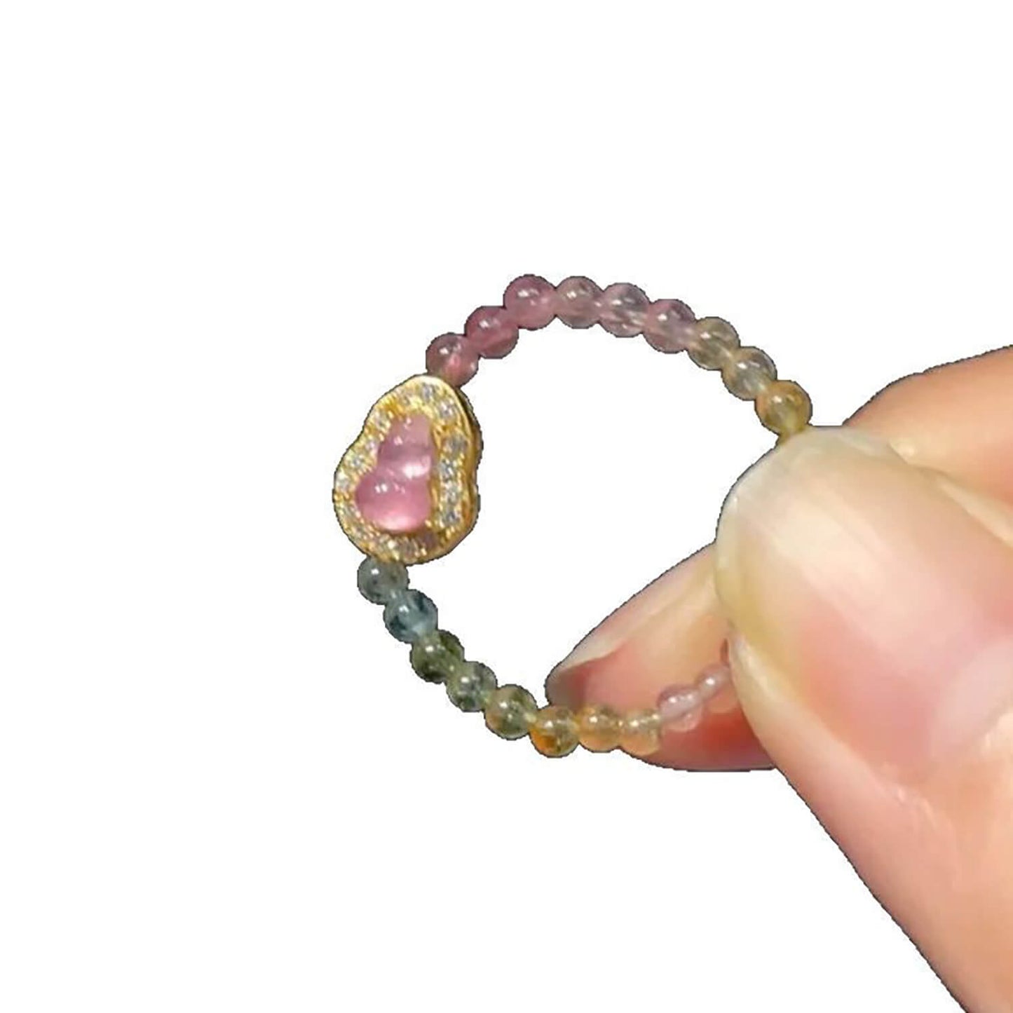 Luck Rising Natural Tourmaline Gourd Ring – Adjustable Elastic Band Crystal Ring for Women – Small-Batch Handmade Gold-Plated Jewelry