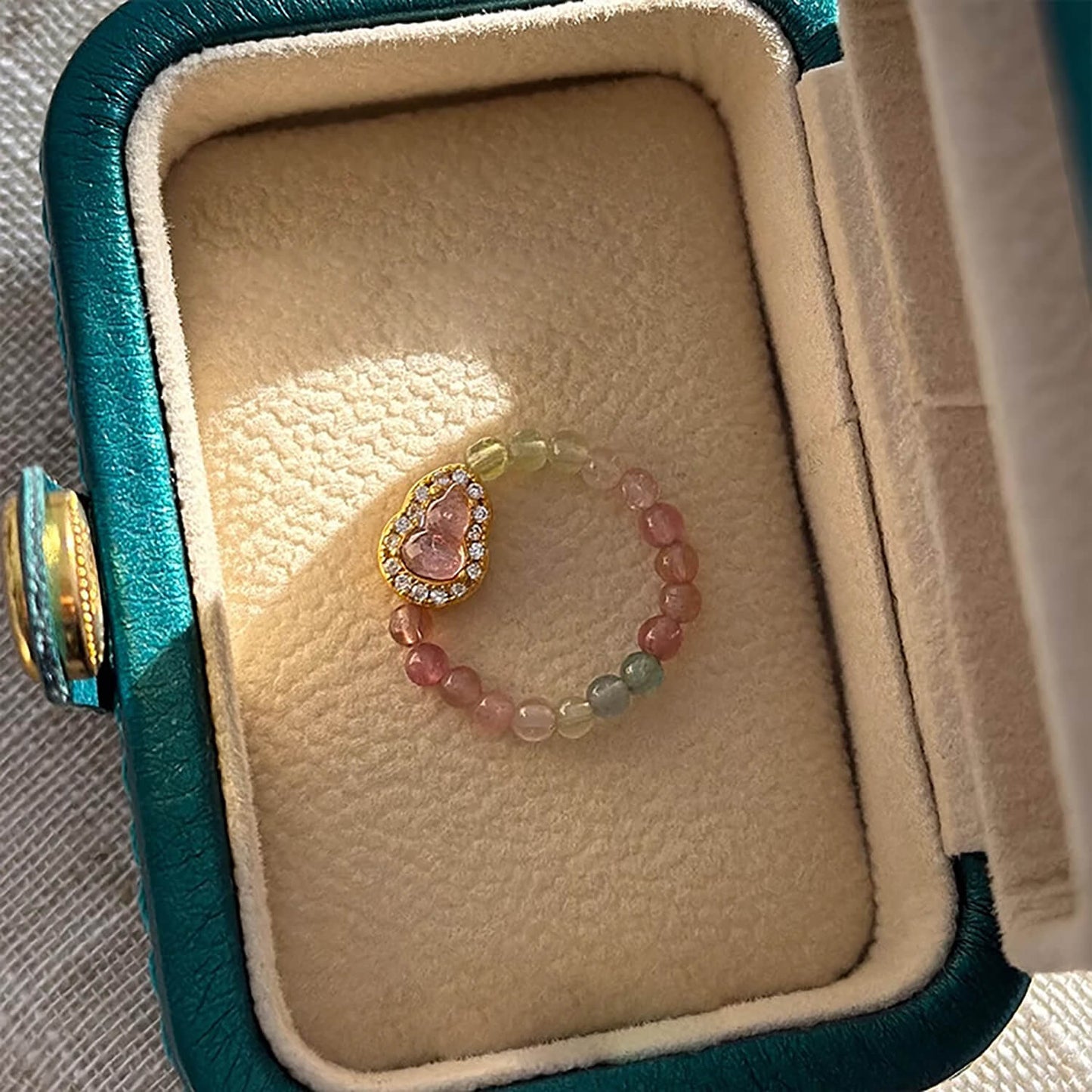 Luck Rising Natural Tourmaline Gourd Ring – Adjustable Elastic Band Crystal Ring for Women – Small-Batch Handmade Gold-Plated Jewelry