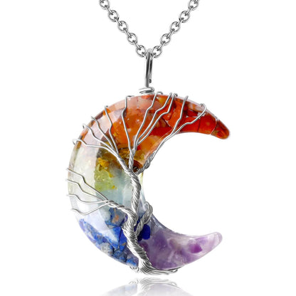 Healing Crystal Crescent Moon Necklace – Tree of Life Wire-Wrapped Pendant, 7 Chakra Energy Jewelry, Spiritual Gift for Women