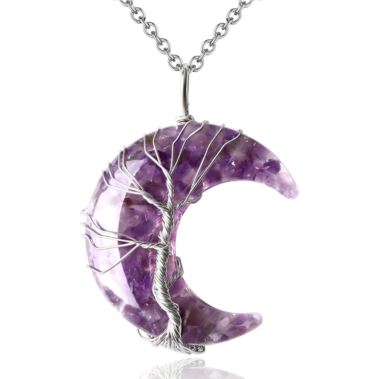 Healing Crystal Crescent Moon Necklace - Tree of Life Wire Wrapped Pendant, Natural Amethyst Stone Jewelry for Women, Mother's Day Gift