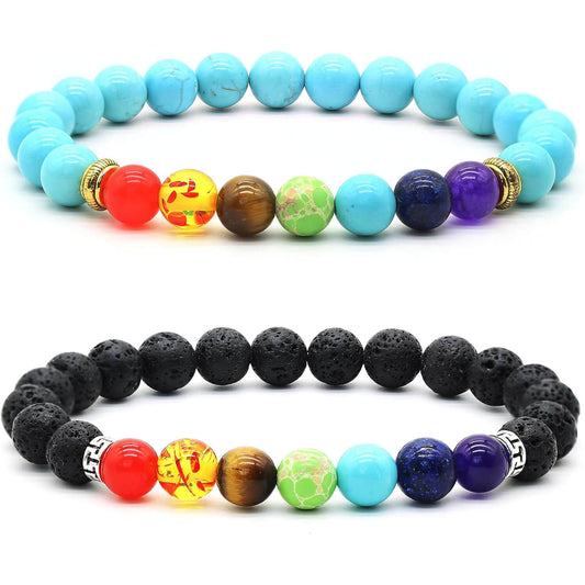 2pcs 7 Chakra Bracelet Set – Free Shipping – Lava Rock & Tiger Eye Energy Stone, Aromatherapy Essential Oil Diffuser, Yoga Beads Stretch Bracelet for Men & Women